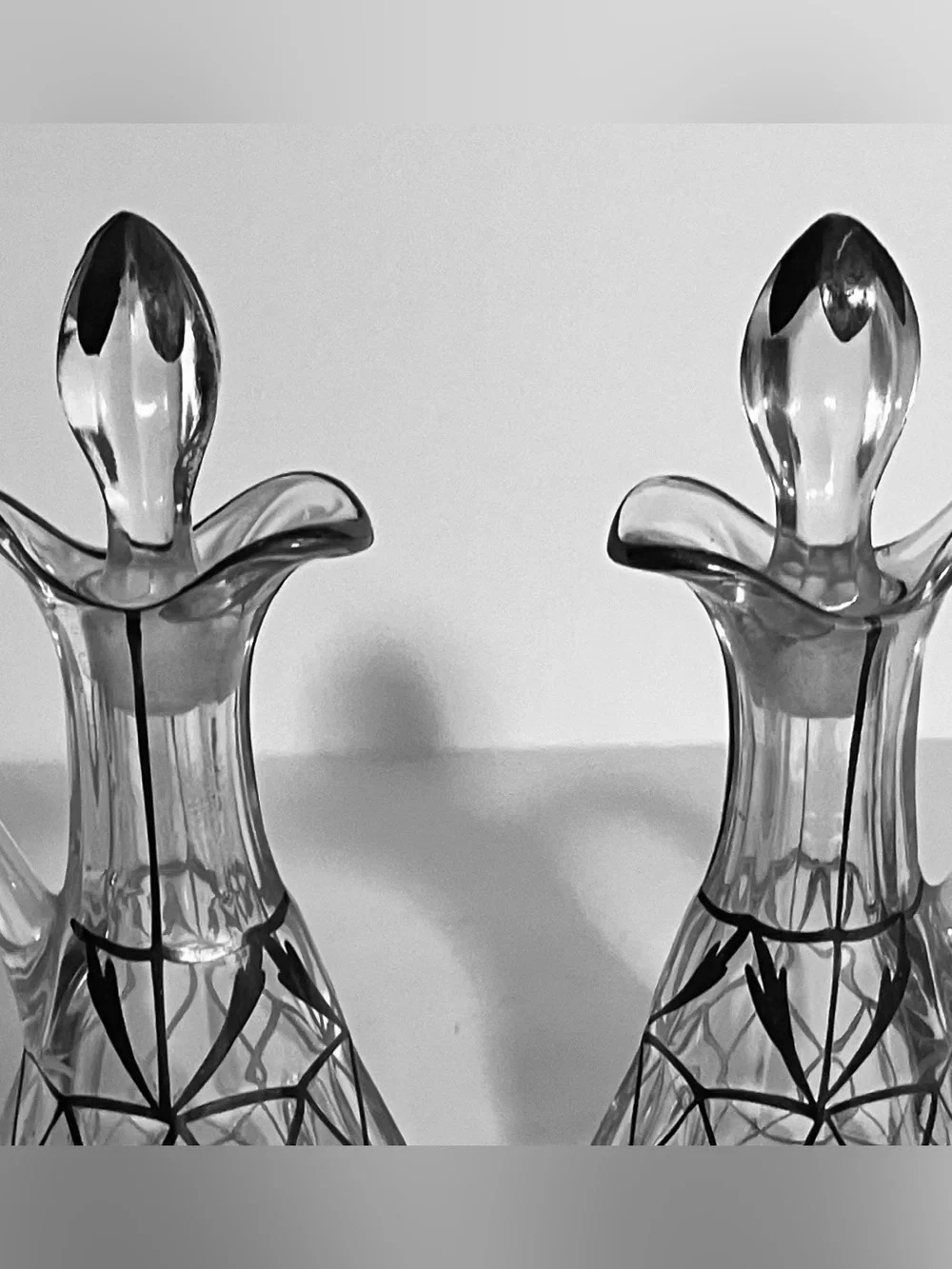 1930s ART DECO Cruet Set / SPIDERWEB Sterling Overlay / 6.5 Inches Tall / RARE